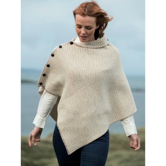 The Shepherd's Knot Sweaters - New Aran Wool Asymmetrical Poncho Sweater Tan